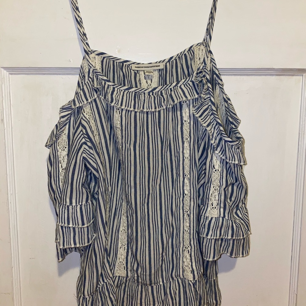 pinstriped with lace off the shoulder aeo top